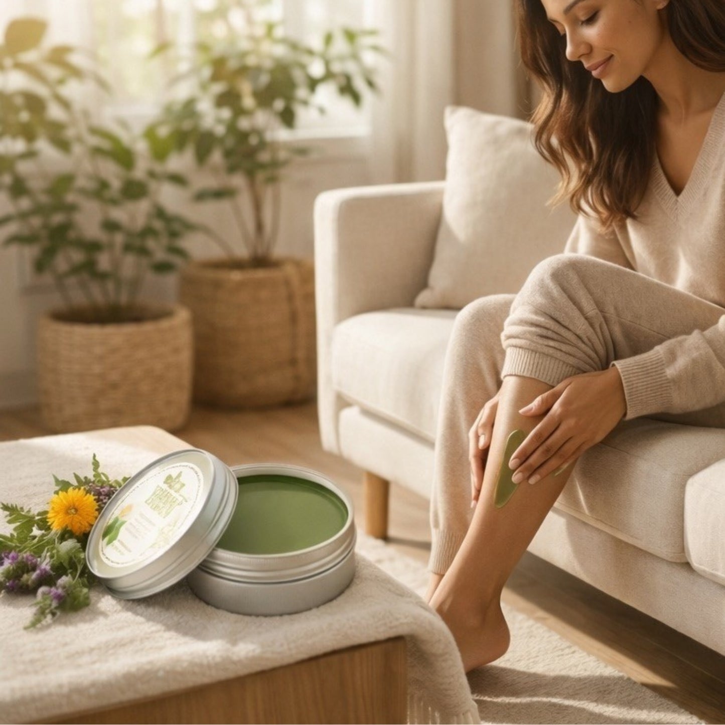 Woman applying herbal cream to her leg in a cozy living room.