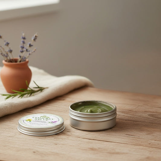 Small metal tin with comfrey salve on a wooden surface next to a plant