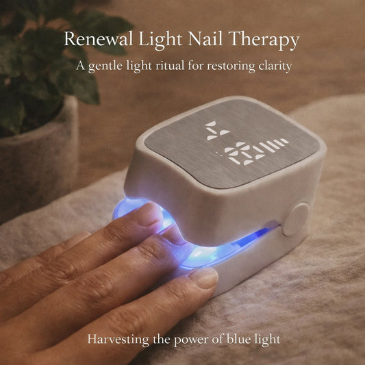 Renewal Light Nail Therapy device with a hand receiving treatment, text about light ritual and clarity.