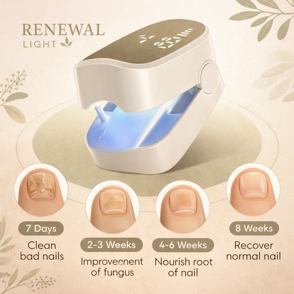 Nail care device with nail growth stages and timeframes on a light background