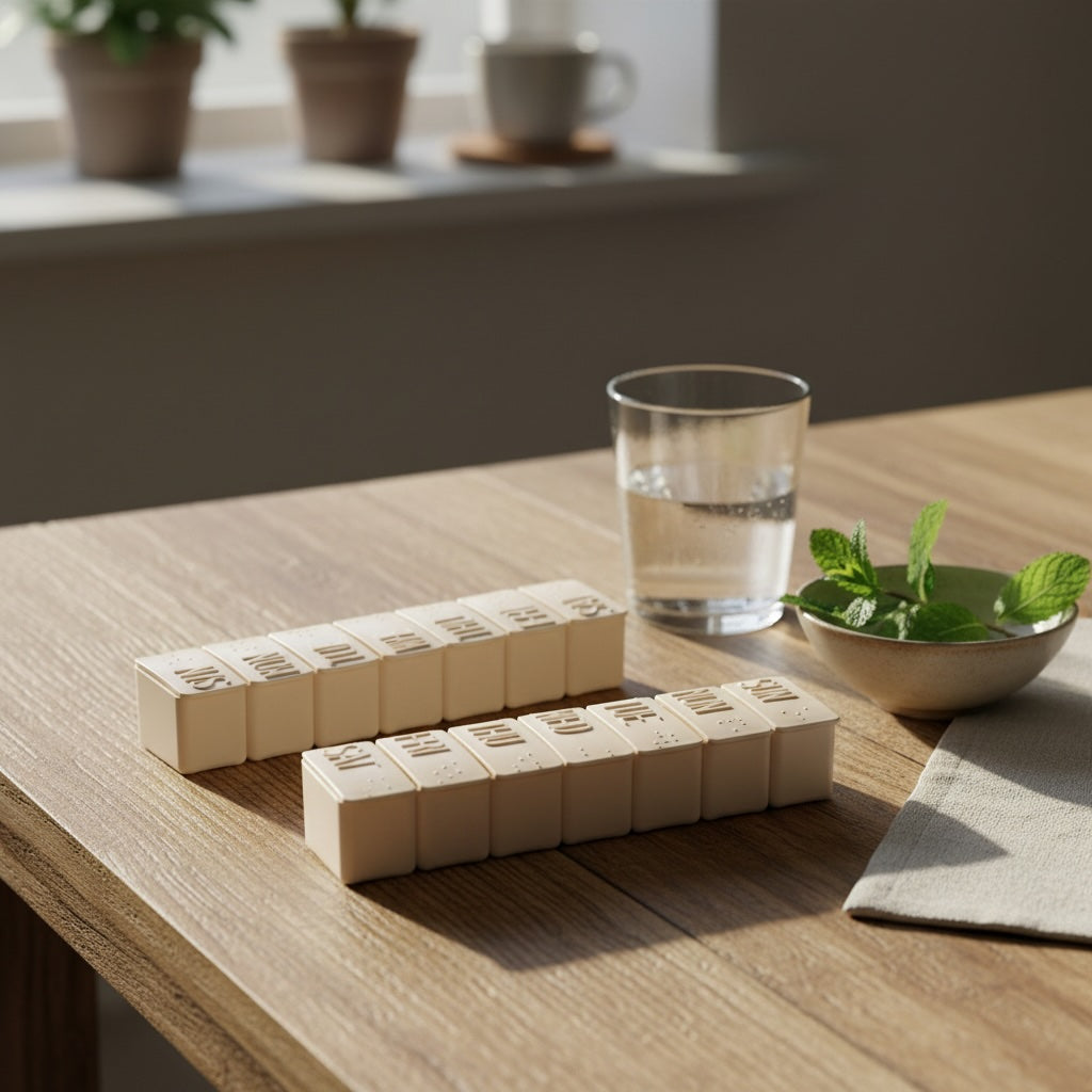 Wooden pill organizer on a wooden table with a glass of water and a bowl of mint leaves.