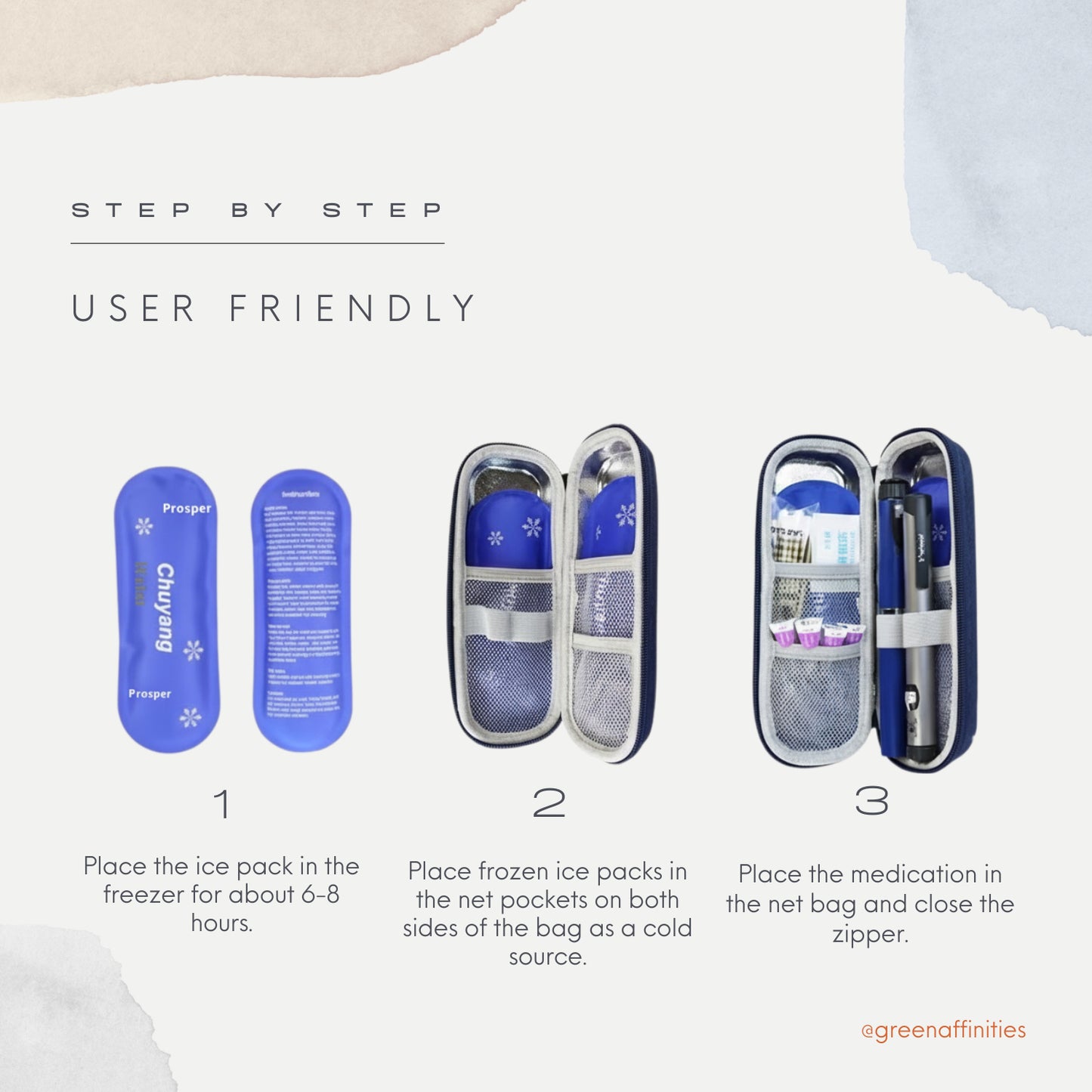 Step-by-step guide on using a cold storage bag with ice packs, featuring text and images of the product.