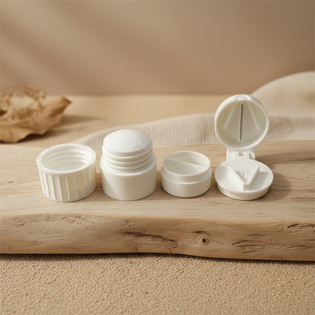 set of white pill cutter and crusher on a light earthy background