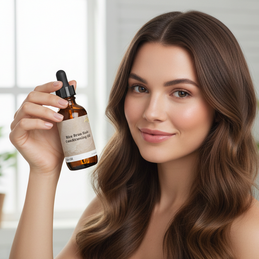Woman holding a bottle of hair oil with a blurred background