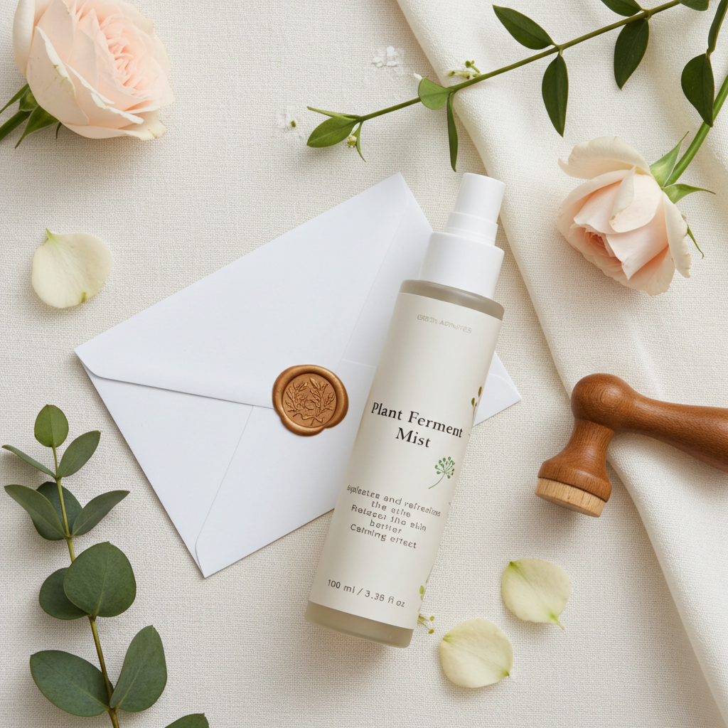 Skincare product labeled 'Plant Ferment Mist' on a light surface with flowers and an envelope.