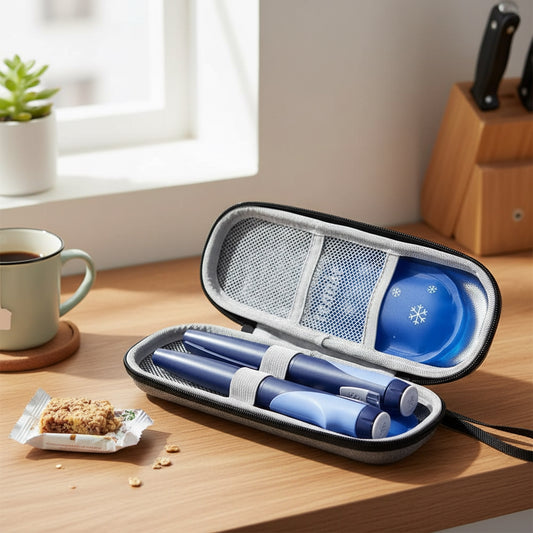 pen travel case on a wooden table with a cup of coffee and snack.