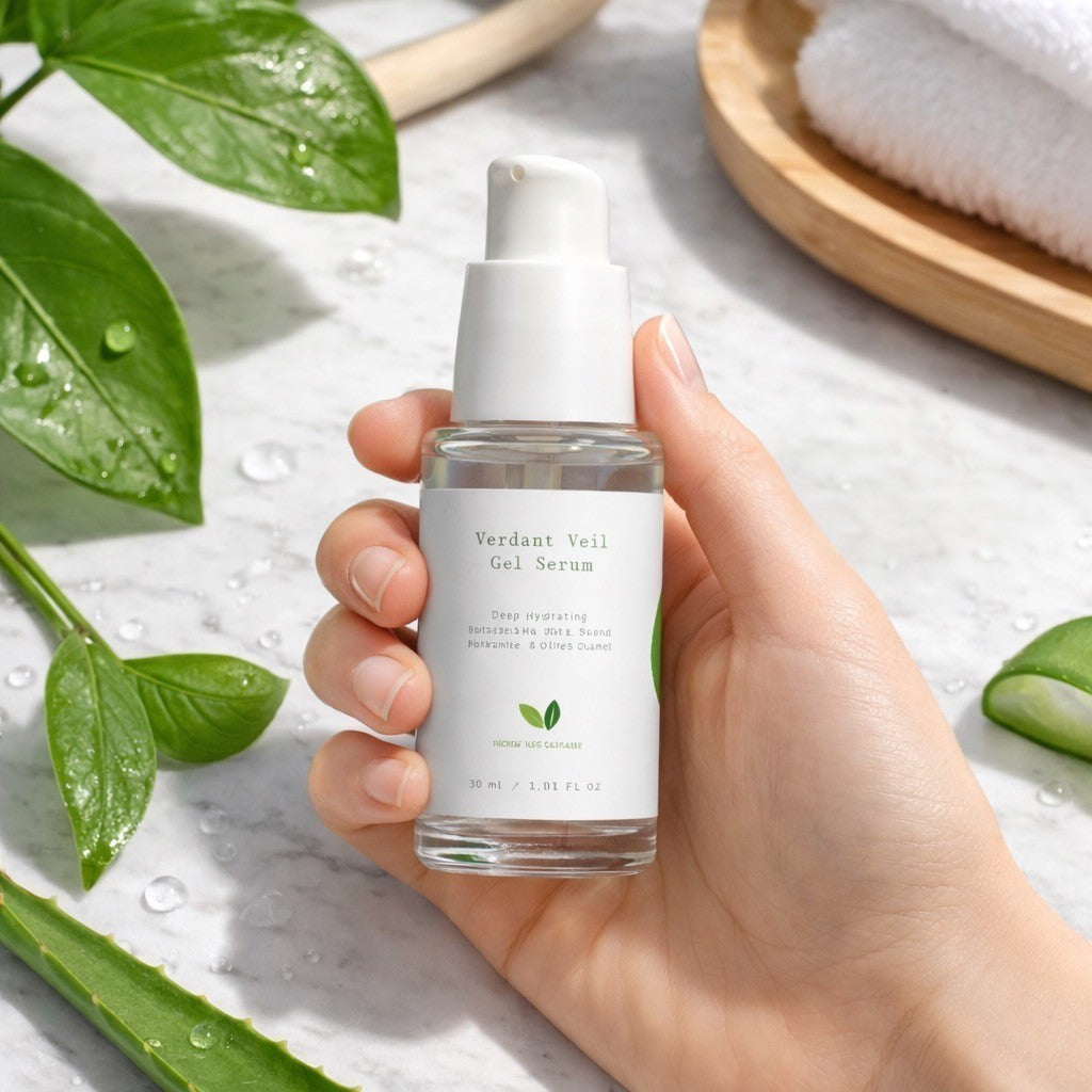 Hand holding a bottle of 'Verdant Veil Gel Serum' with green leaves and a wooden dish in the background.