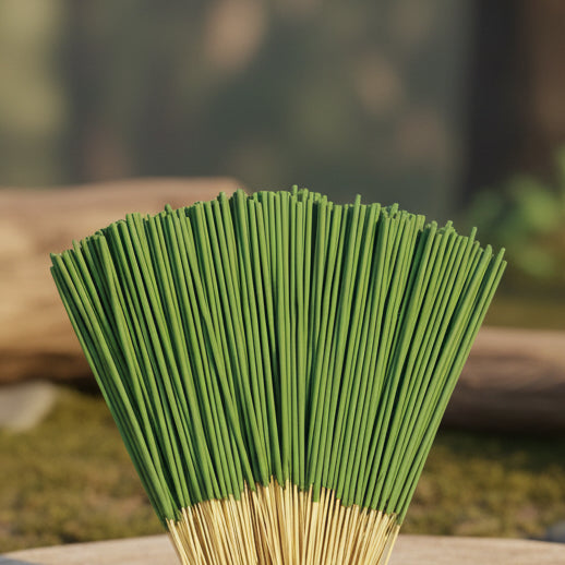 Bunch of green incense sticks on a blurred natural background