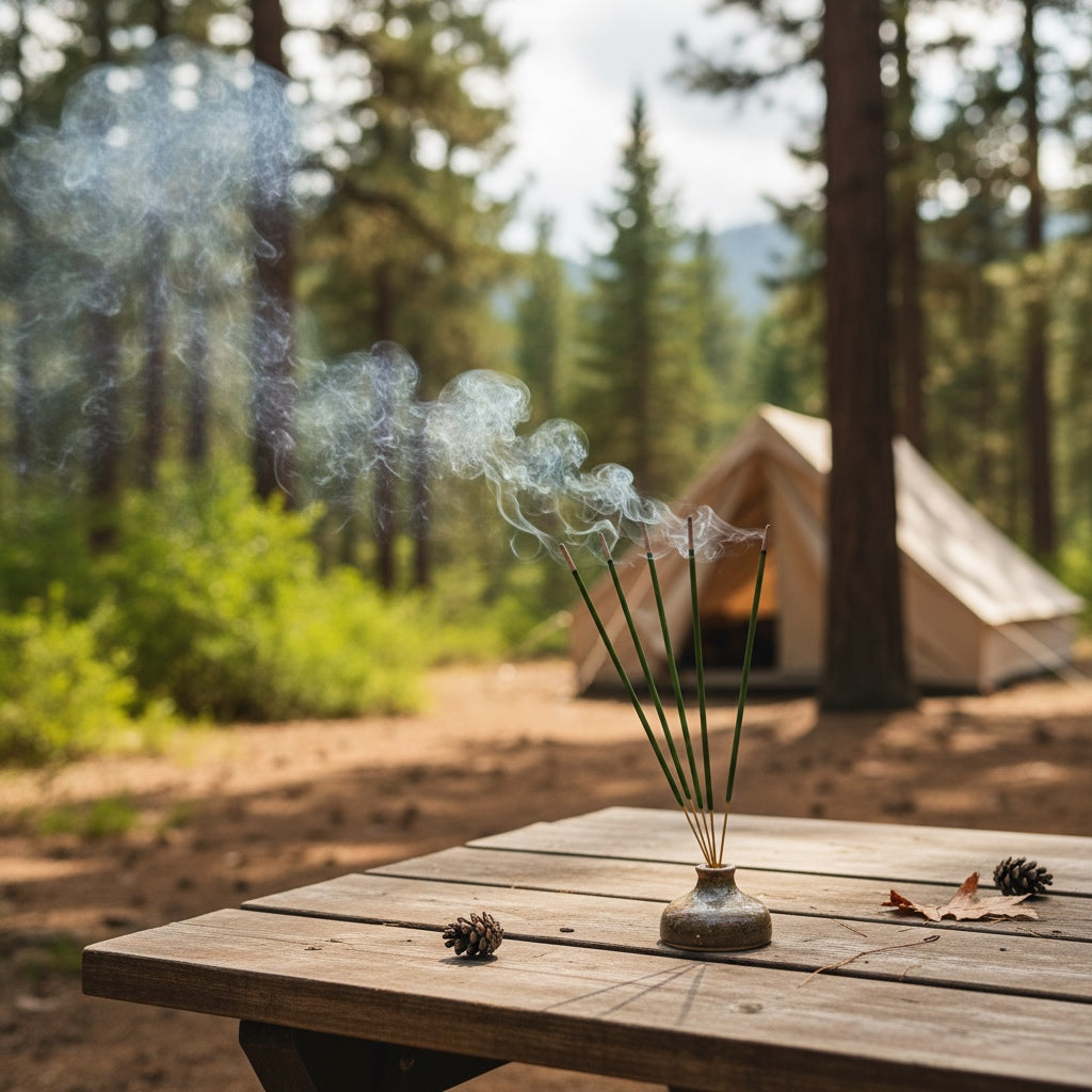 Incense stick holder with smoke on a wooden table in front of a tent in a forest