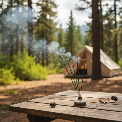 Incense stick holder with smoke on a wooden table in front of a tent in a forest