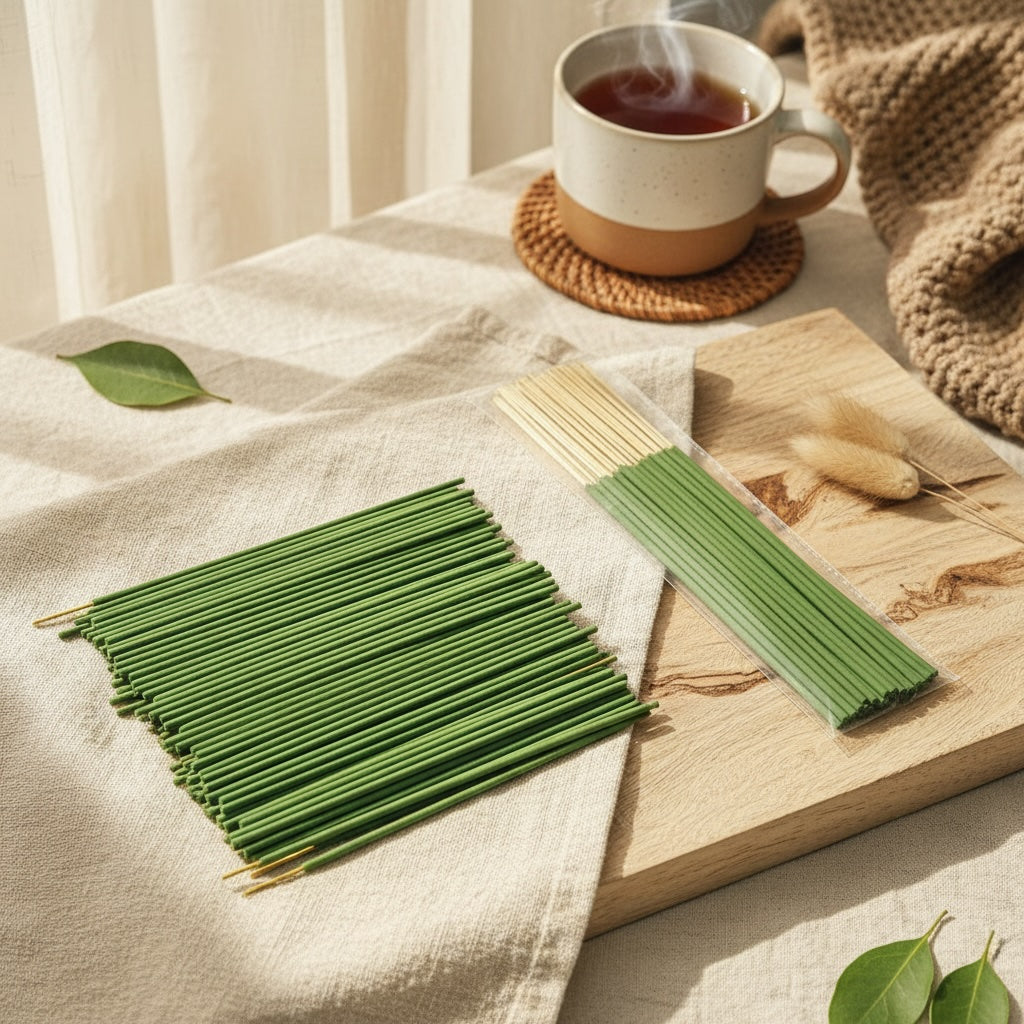 Green incense sticks on a wooden board with a cup of tea in the background
