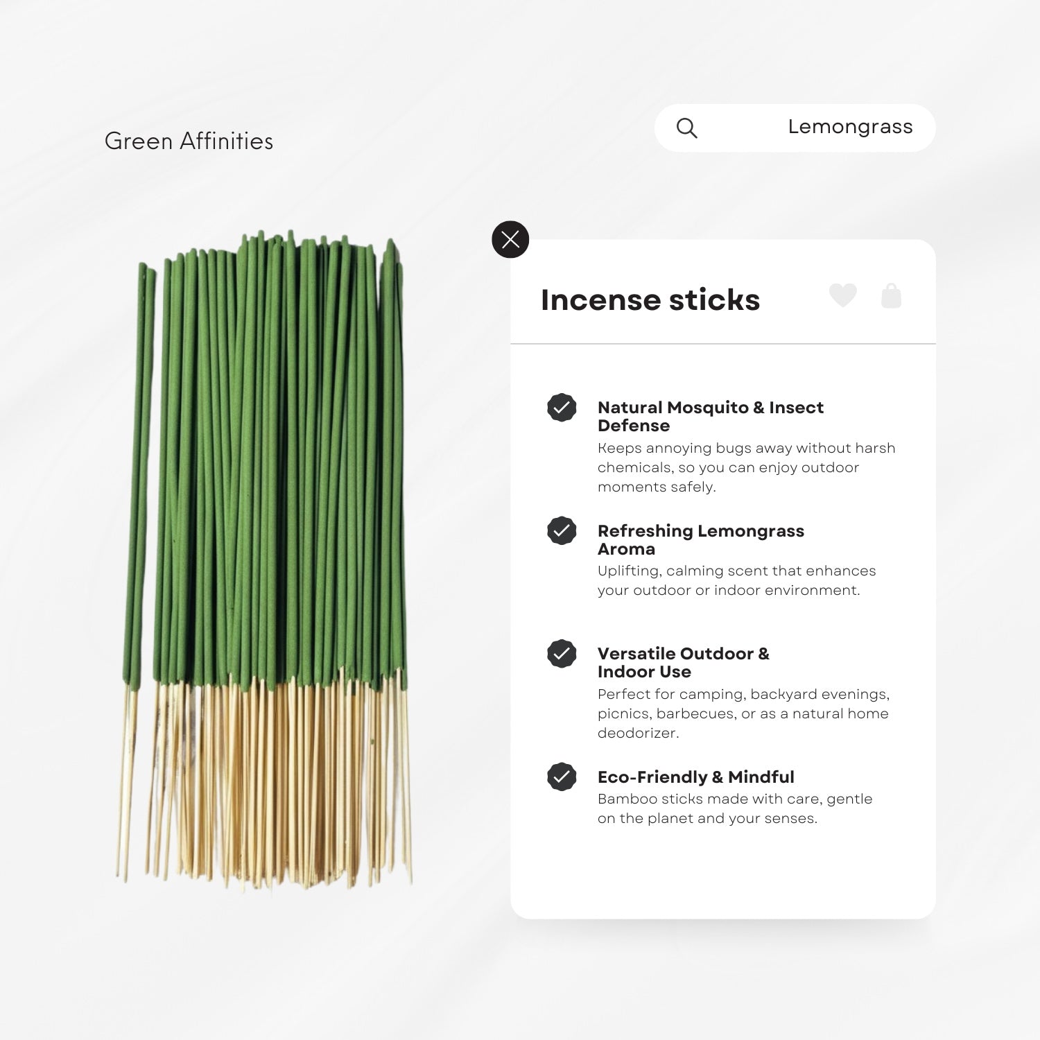 Incense sticks with green and beige tips on a white background, featuring text about their uses.