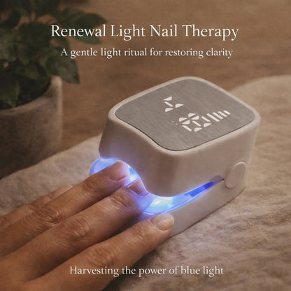 Renewal Light Nail Therapy device with a hand receiving treatment, text about light ritual and clarity.
