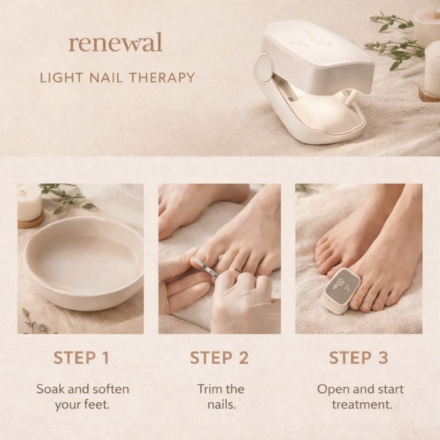 Light nail therapy system with step-by-step instructions on a beige background