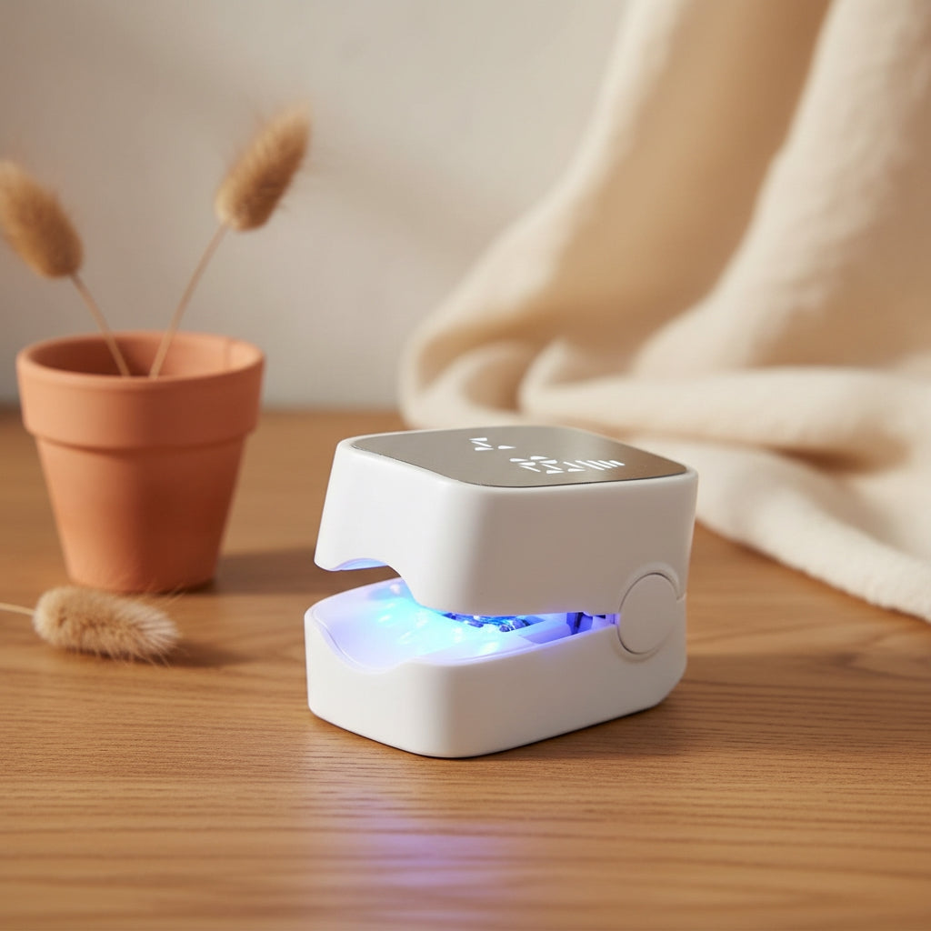 Small light active tool on a wooden surface with a potted plant and blanket in the background