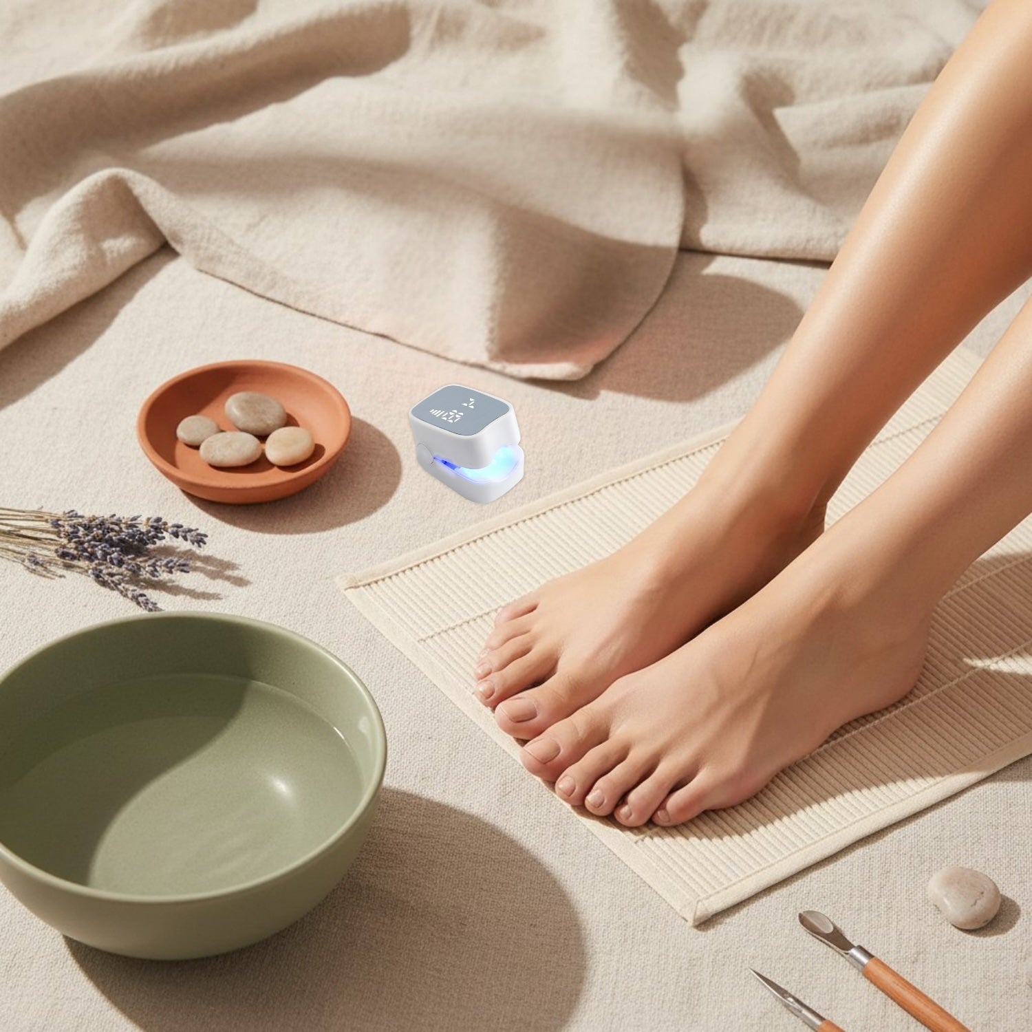 Person's feet by a bowl of water with a nail renewal lumen, on a towel, surrounded by lavender and stones.
