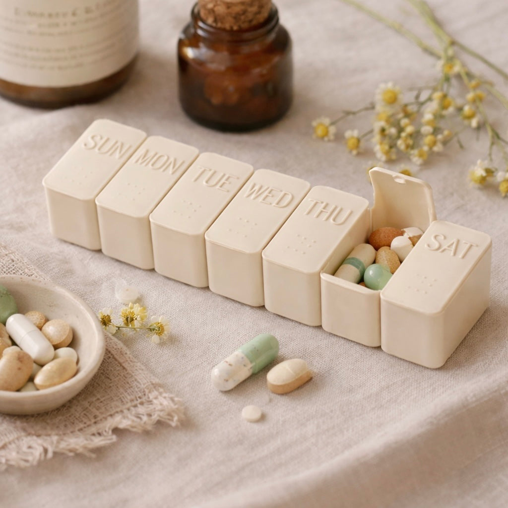 Weekly pill organizer with assorted pills on a light surface with flowers