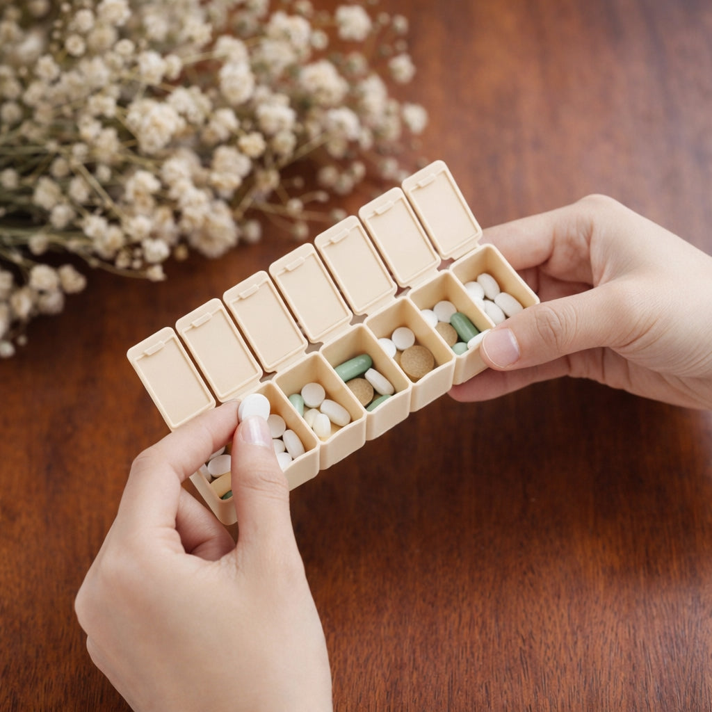pill organizer with pills held by hands on a wooden surface with flowers in the background