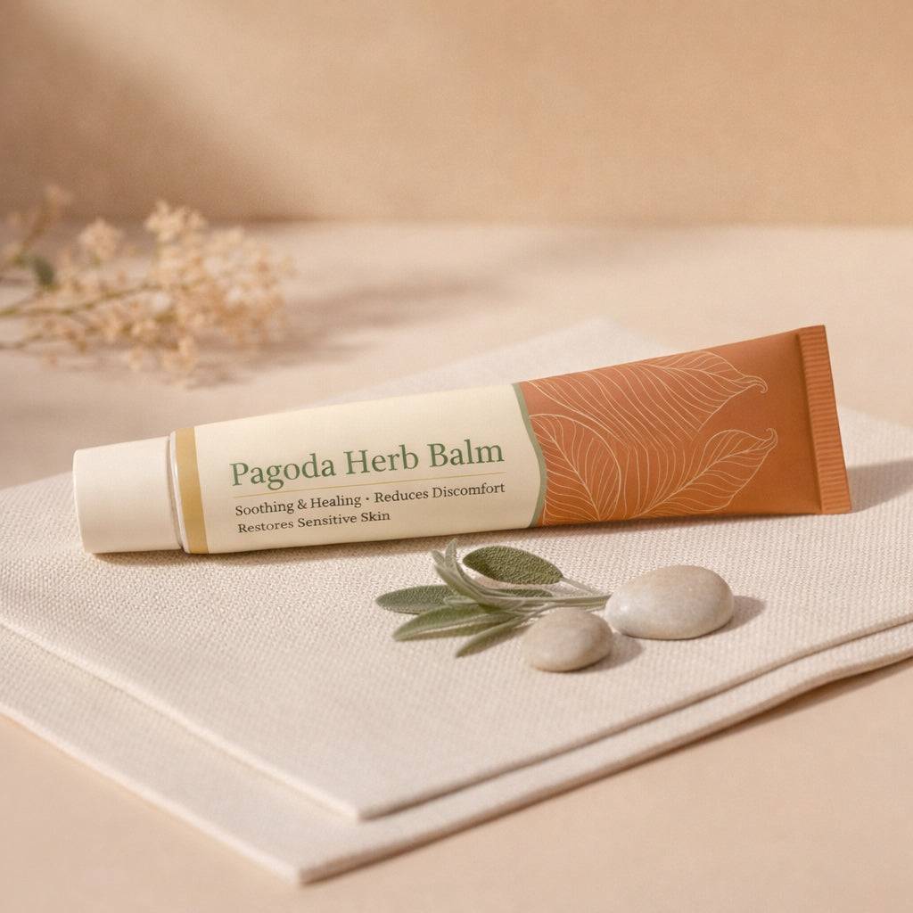 Pagoda Herb Balm tube on a beige surface with dried herbs and leaves.