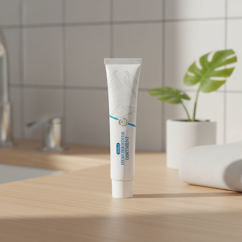 Tube of Hemorrhoids support Ointment on a bathroom counter with a plant in the background
