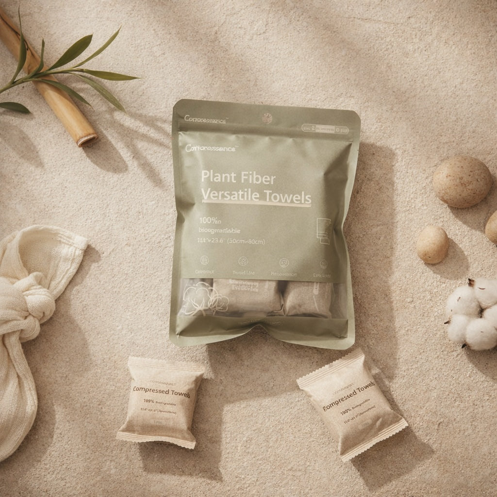 Packaged plant fiber compressed towels on a textured surface with natural elements.