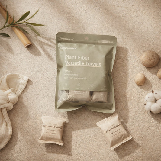 Packaged plant fiber compressed towels on a textured surface with natural elements.