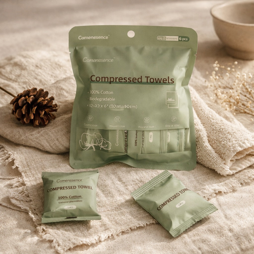 Compressed towels packaging with towels on a textured surface