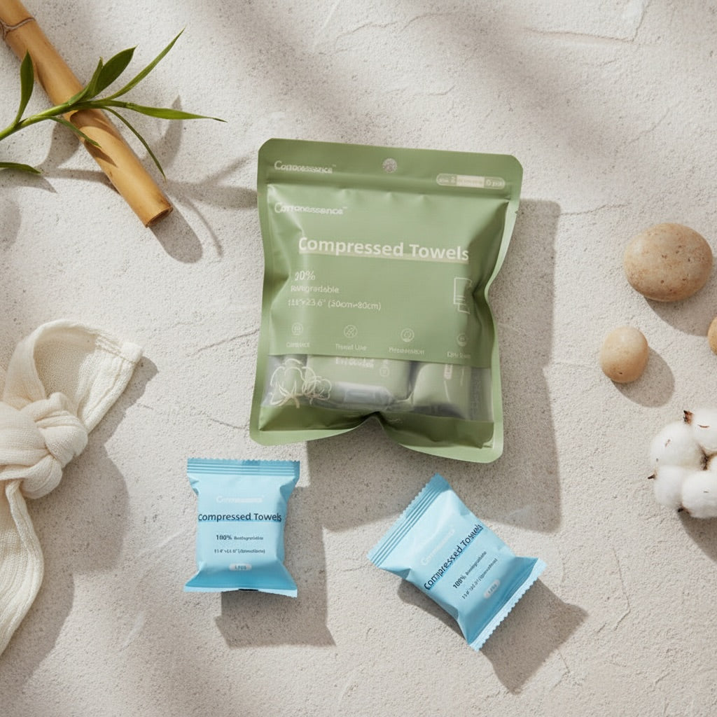 Compressed towels in green and blue packaging on a textured surface with natural elements.