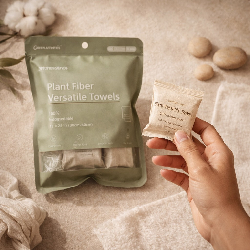 Hand holding a plant fiber towel with a green package labeled 'Plant Fiber Versatile Towels' on a neutral background.