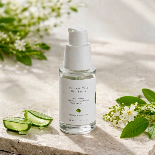 Bottle of Verdant Veil Gel Serum with aloe vera slices and flowers on a stone surface