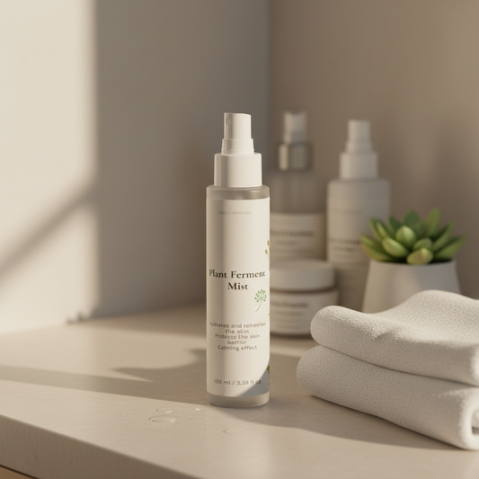 Plant Ferment Mist bottle on a wooden surface with towels and a plant in the background