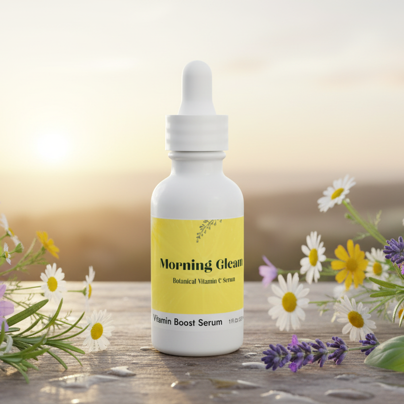 Vitamin boost serum bottle labeled 'Morning Gleam' surrounded by flowers on a wooden surface.