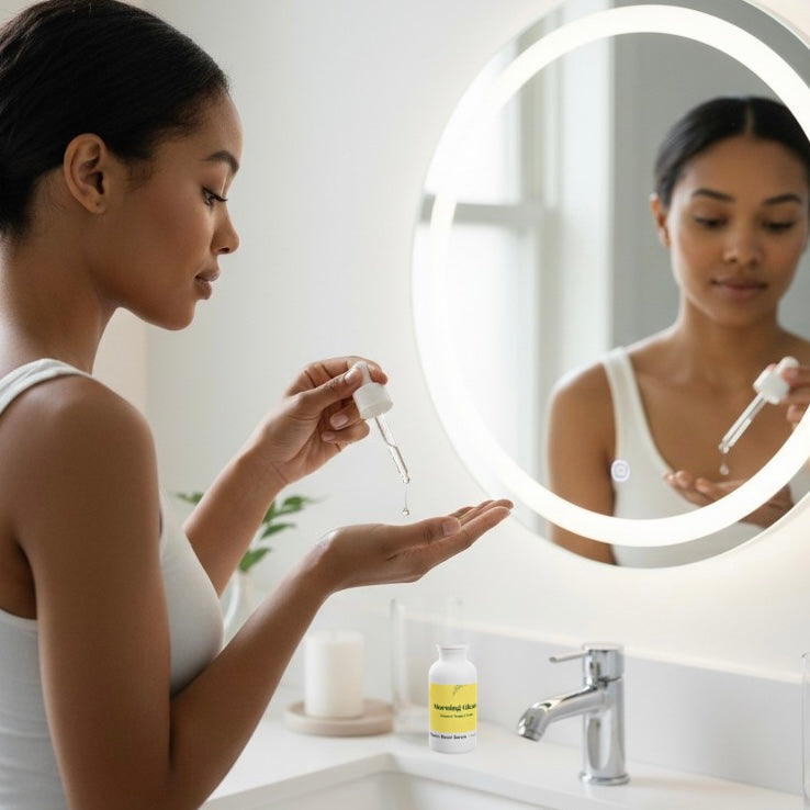 Woman applying botanical serum skincare product in front of a mirror with a lighted circular mirror.