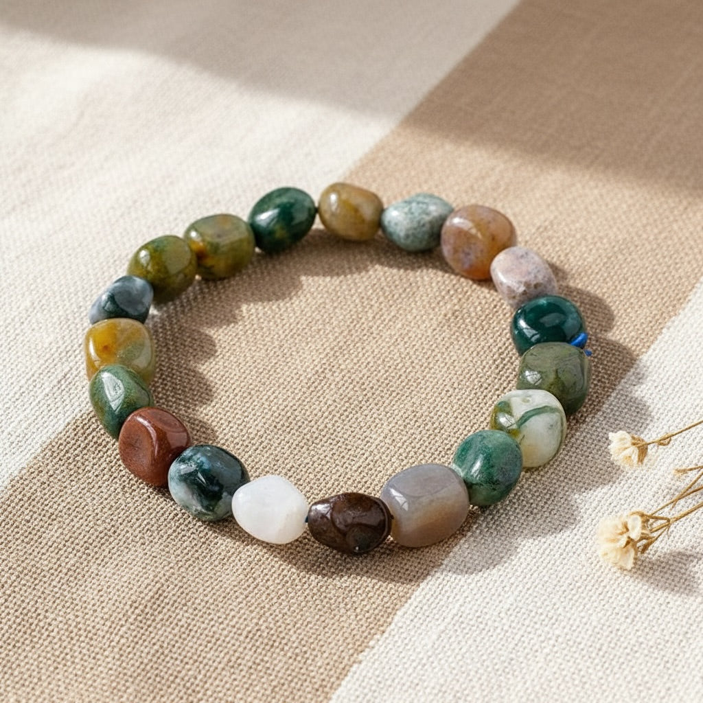 Multicolored stone bead bracelet on a textured surface