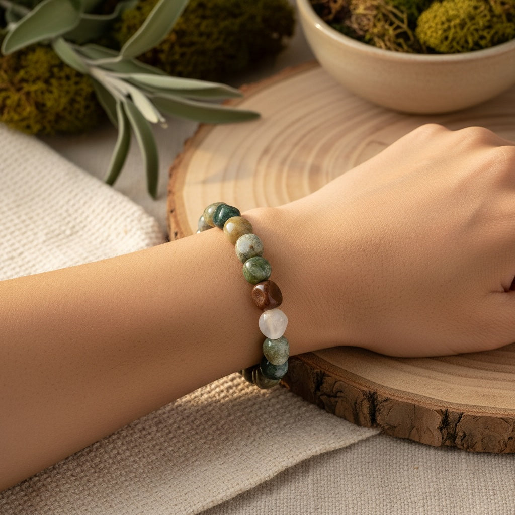 Hand wearing a natural stone bead on a wooden surface with plants in the background