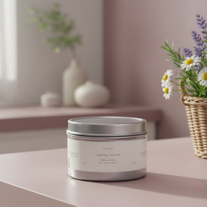 Candle jar on a table with a blurred background featuring a vase and plants.