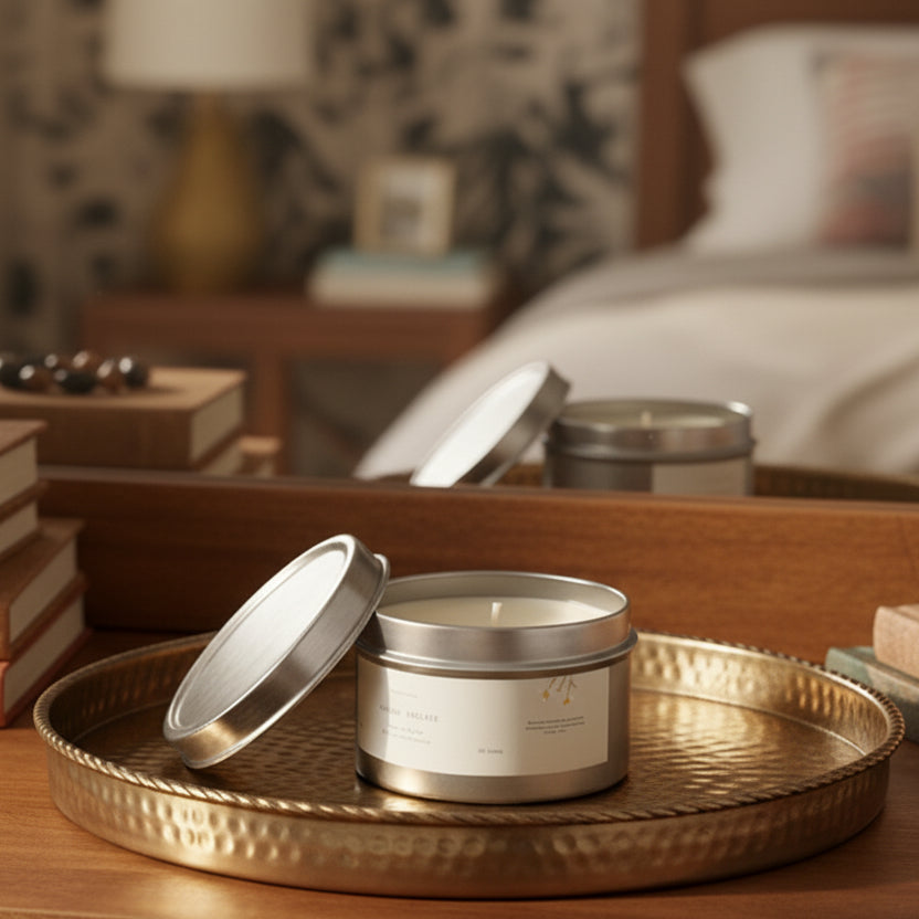 Silver candle in a tin on a gold tray with a blurred bedroom background