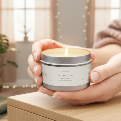 Hand holding a lit candle in a decorative container with a blurred indoor background