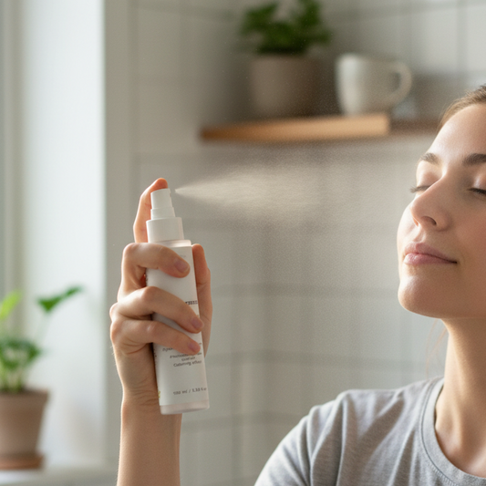 Woman using facial plant ferment spray bottle in a garden setting