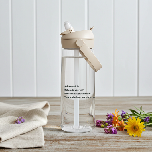 Clear water bottle with beige lid and handle on a wooden surface with flowers and fabric.