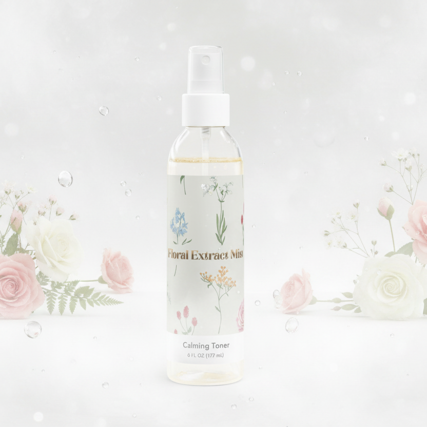 Bottle of floral extract toner with floral design on label against a light background