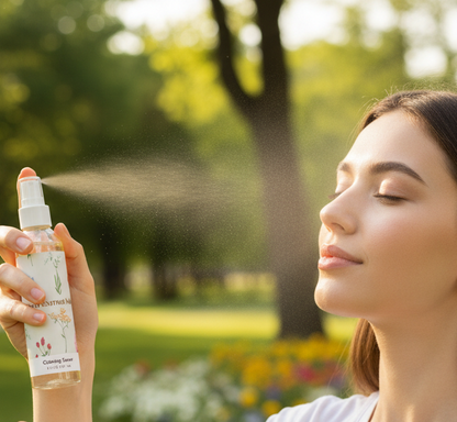 Woman applying a natural spray to her face in a park setting