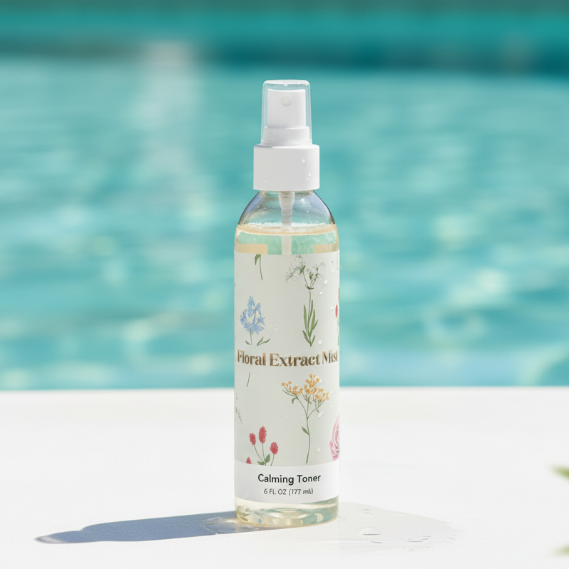 Bottle of floral extract mist with a pool in the background