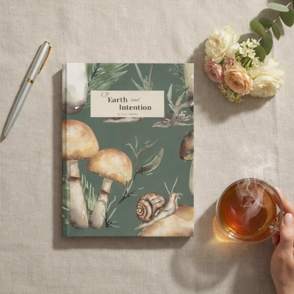 Notebook with nature-themed cover, pen, flowers, and tea on a textured surface