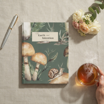 Notebook with nature-themed cover, pen, flowers, and tea on a textured surface