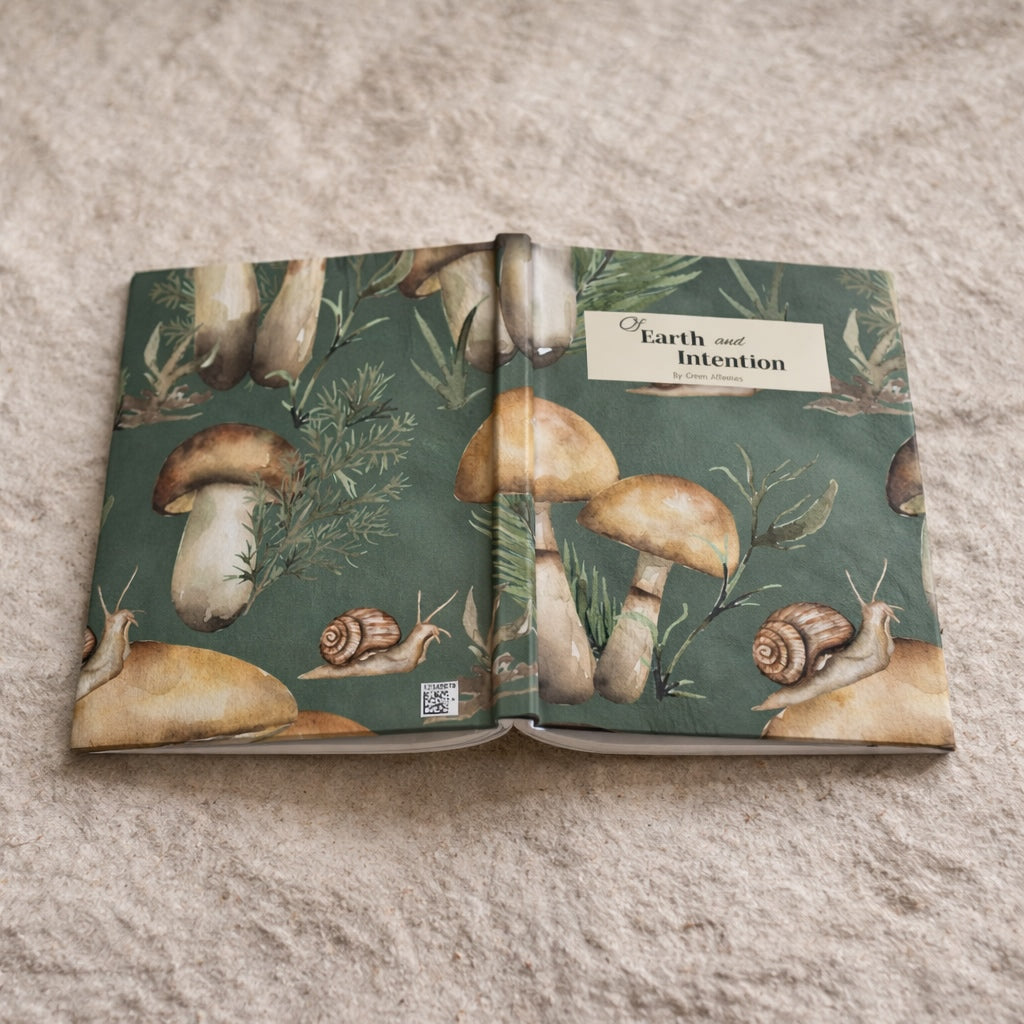 Open journal with mushroom and snail design on a textured surface