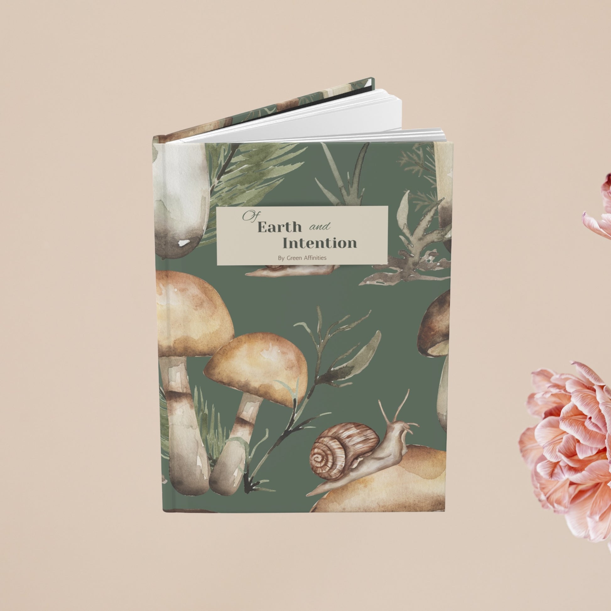 Notebook with nature-themed design featuring mushrooms and plants on a beige background