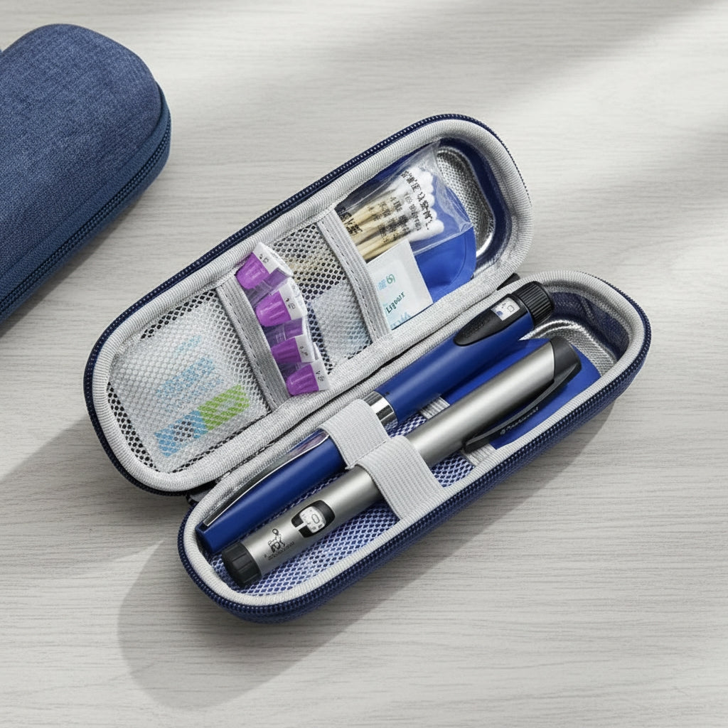 Portable insulated cooling case for temperature-sensitive pens and travel essentials