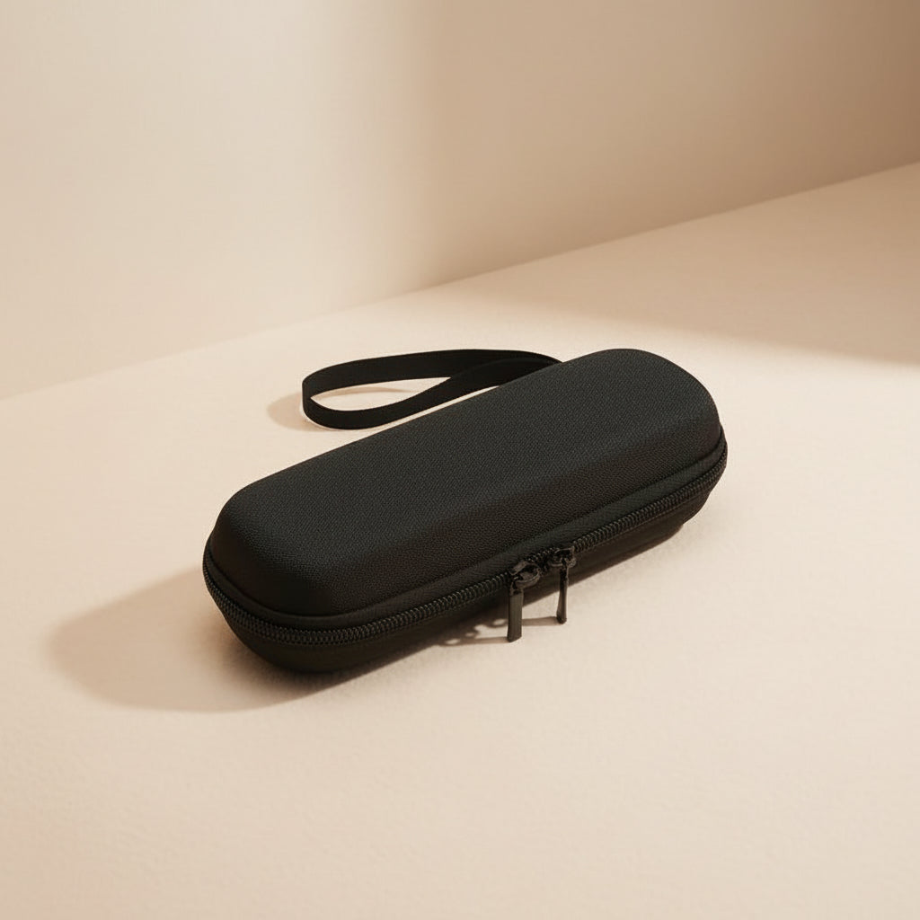 Black hard-shell travel case with a handle on a beige background