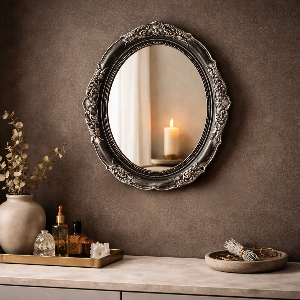 Decorative round mirror with intricate frame on a wall above a shelf with candles and decor items.